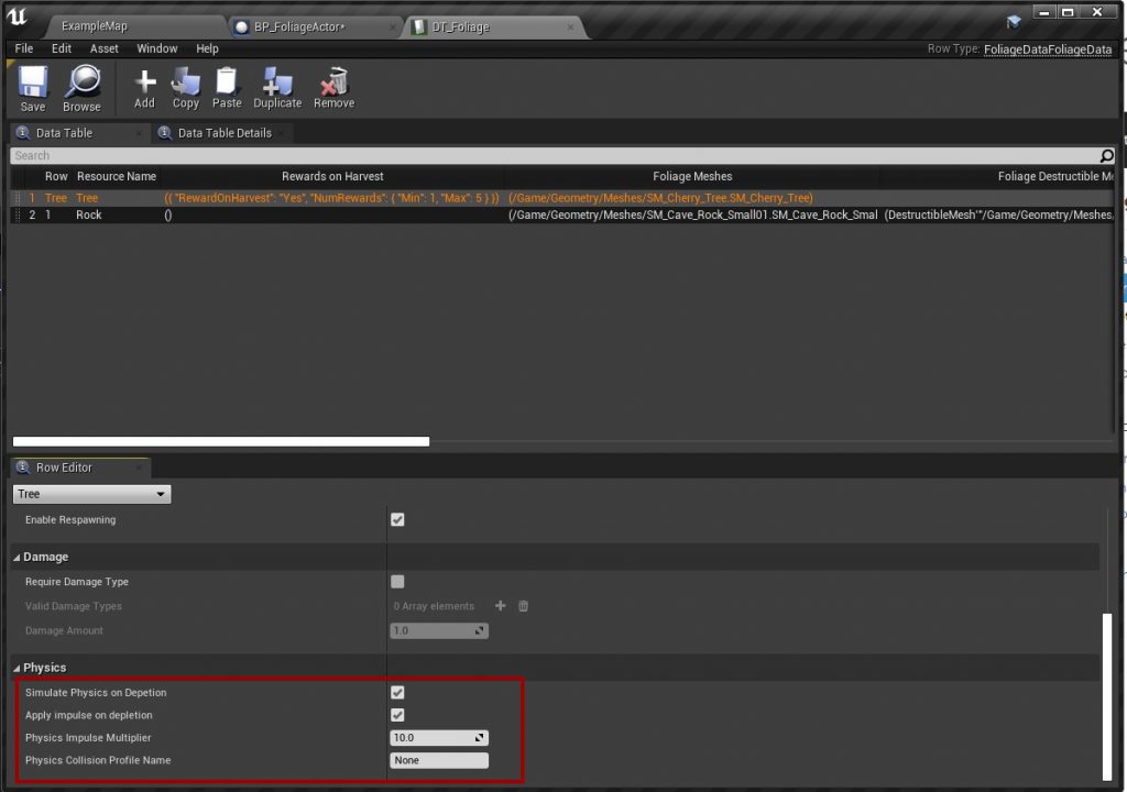 Physics settings in the Data Table