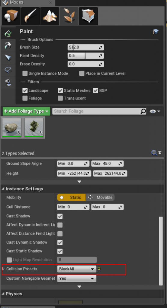 Collision settings on the foliage type