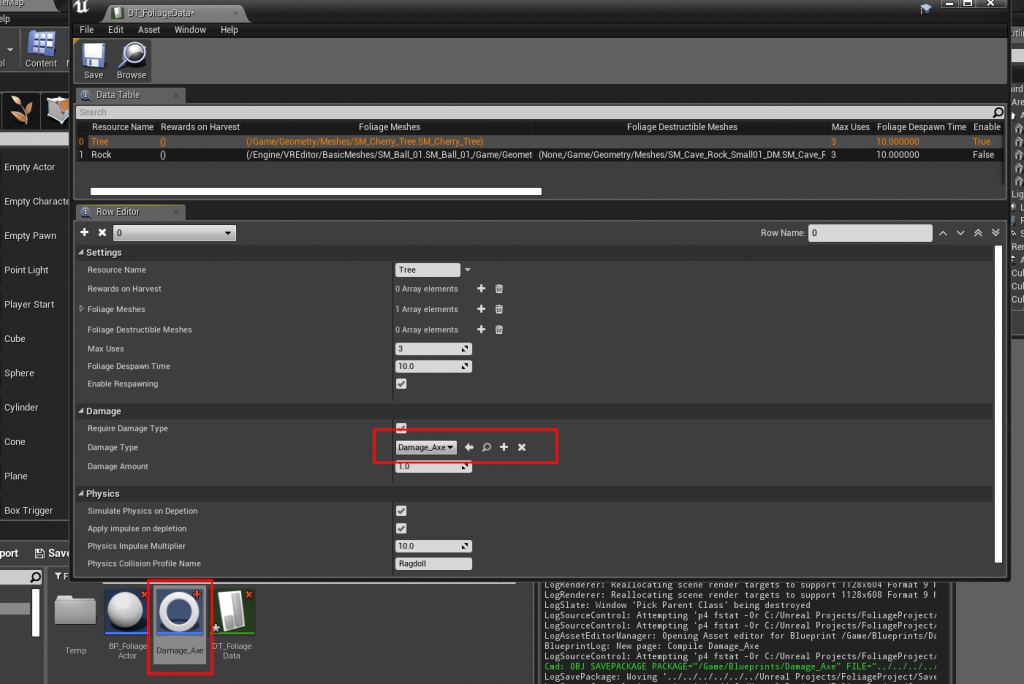 Damage settings in the Data Table