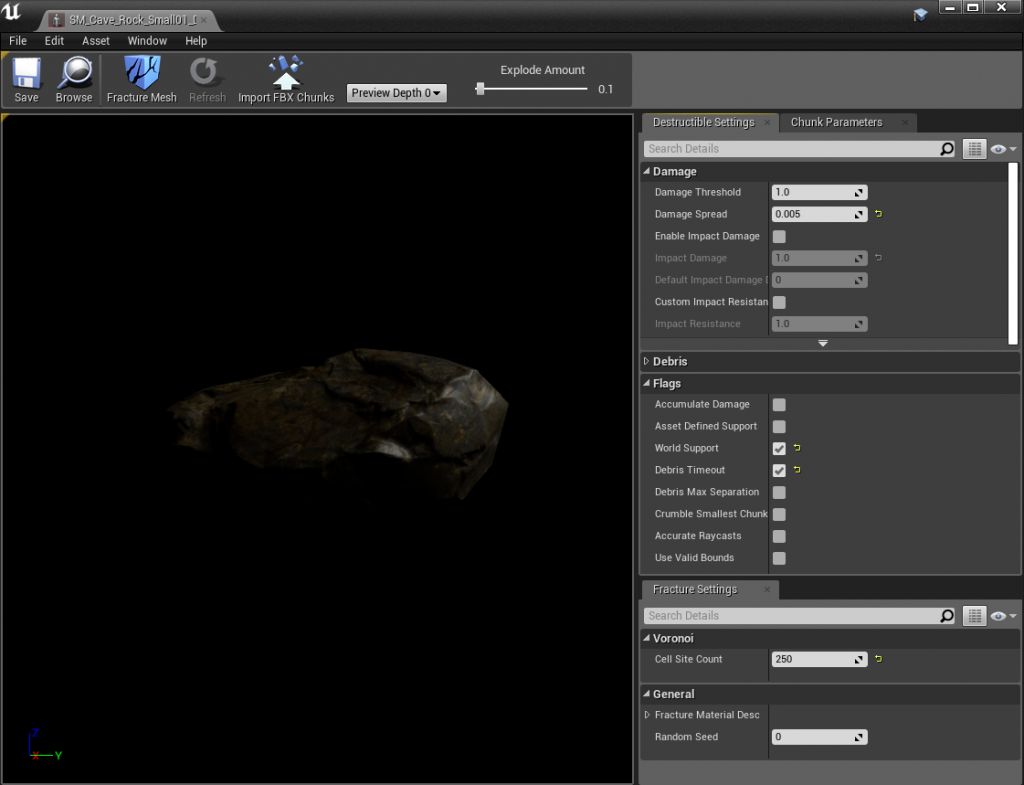 Example settings for a destructible rock